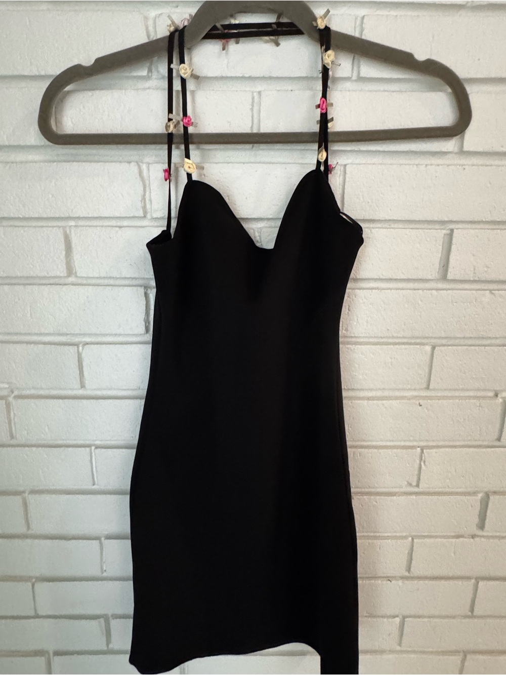 Zara Classic Black Slip Dress with Sweetheart Neckline with floral rosettes
